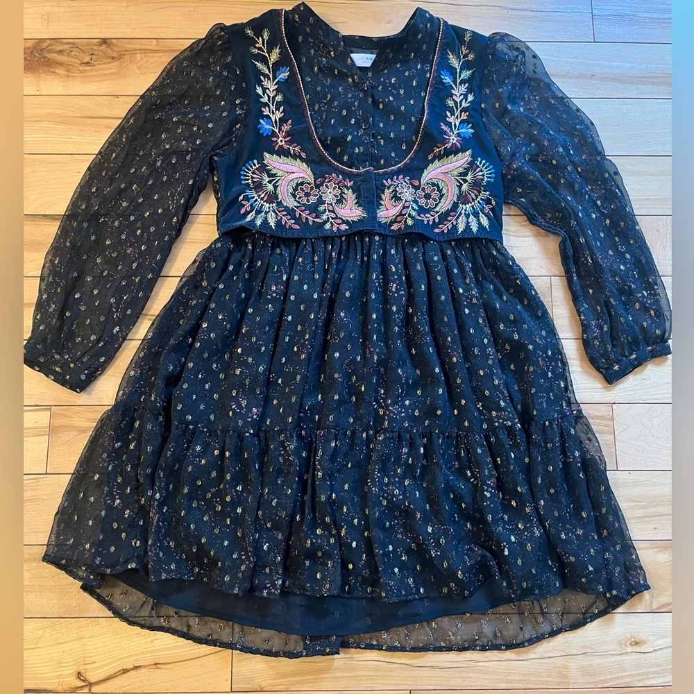 Zara dress metallic embroidery, vest, sheer sleeves